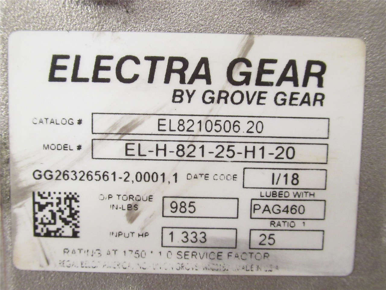 Grove Gear EL-H-821-25-H1-20; Electra Gear Reducer; 25:1