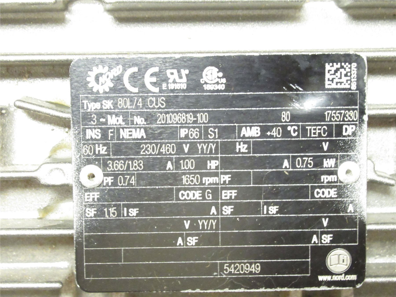 Nord SK 92172VZ N56C-80/L4 CUS; Gear Motor; 1HP; 63.29:1; 3Ph