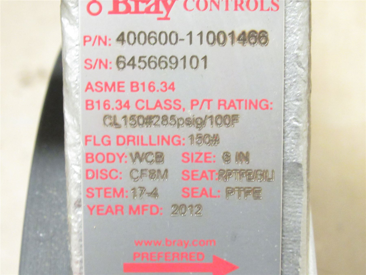 Bray 400600-11001466; Butterfly Valve 6" Wafer; 150#; 285PSI Bray 400600-11001466; Butterfly Valve 6" Wafer; 150#; 285PSI