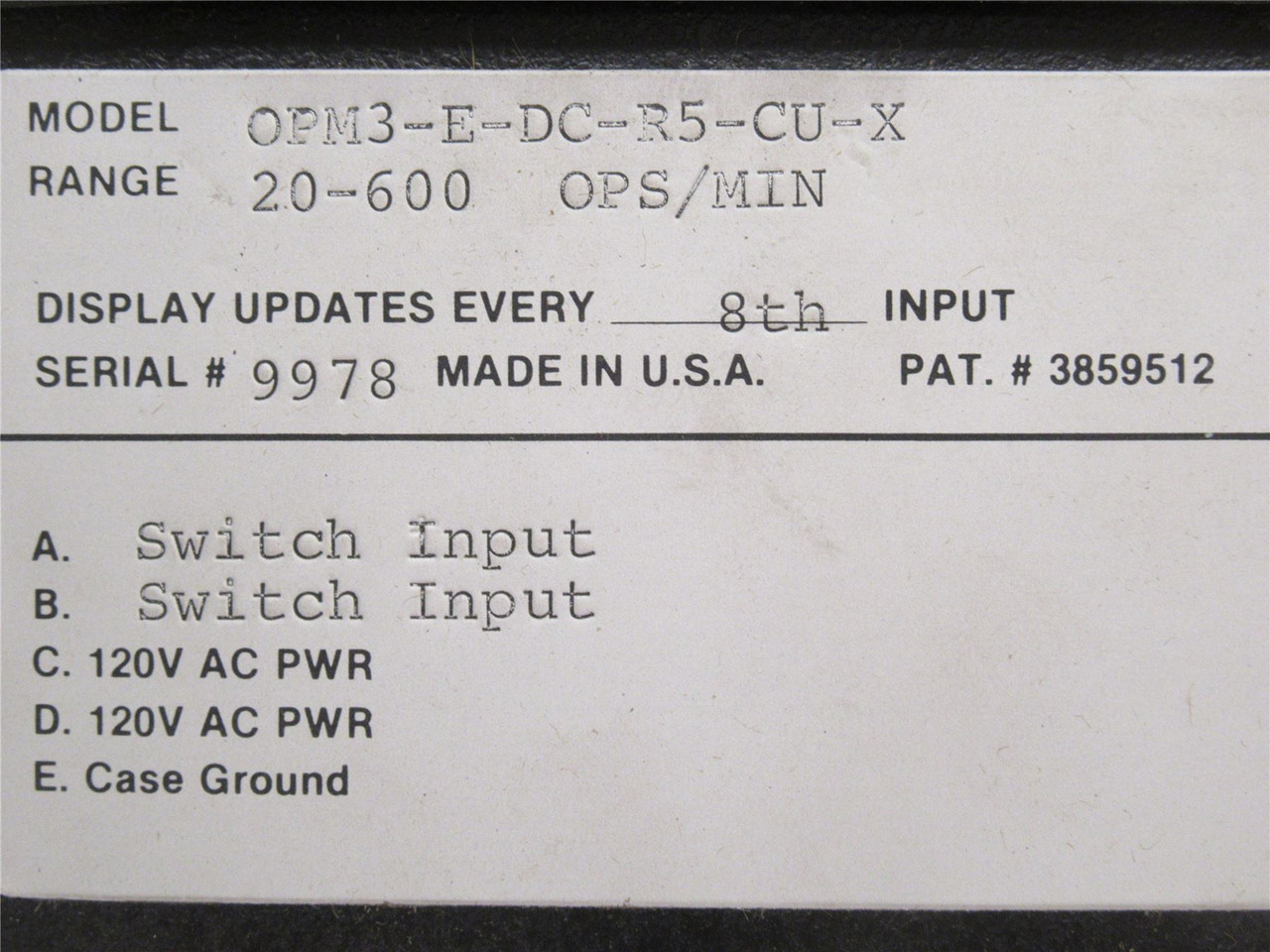 Production Process OPM3-E-DC-R5-CU-X; Rate Monitor; 120VAC