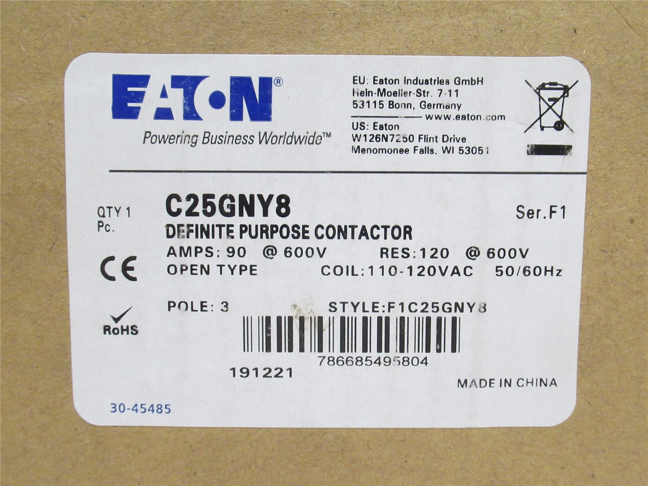 Eaton C25GNY8; Contactor; 90A; 3P; 600VAC; Coil: 110/120VAC
