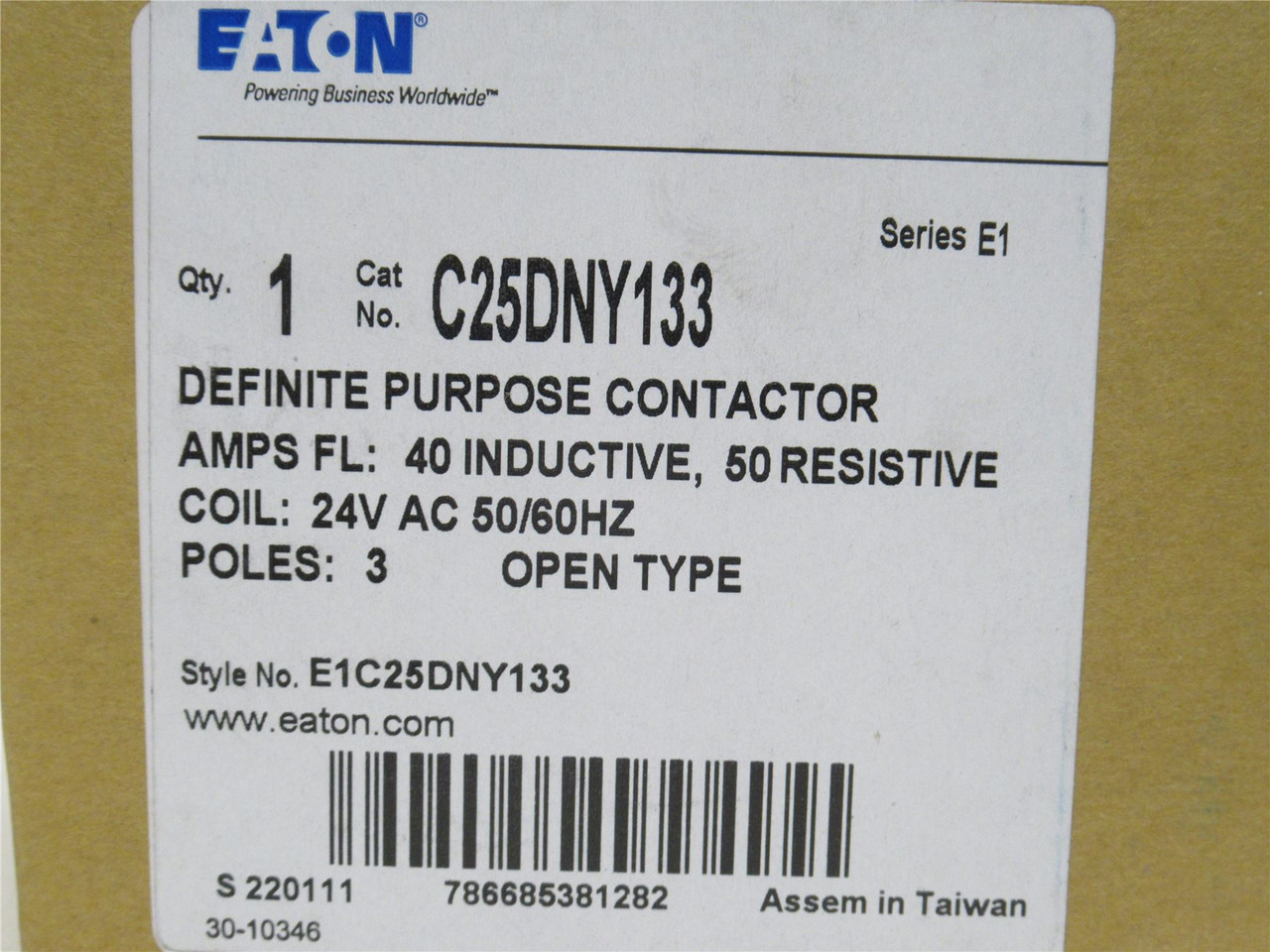 Eaton C25DNY133; Contactor; 40A; 3P; 575VAC; Coil: 24VAC Eaton C25DNY133; Contactor; 40A; 3P; 575VAC; Coil: 24VAC