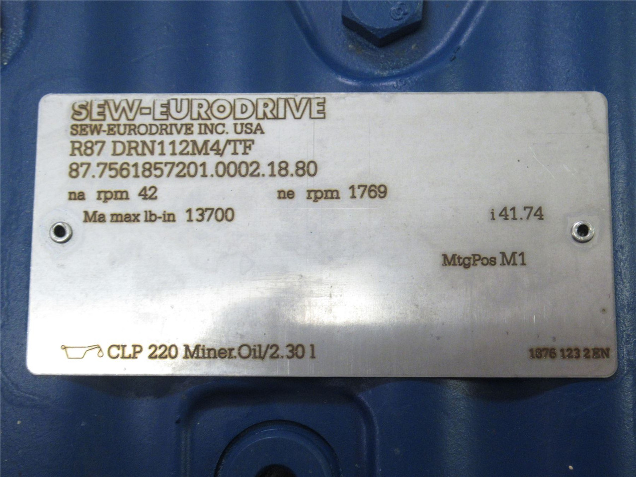 SEW R87DRN112M4/TF; AC Gearmotor 41.74:1 Ratio 5.4HP; 230/460V