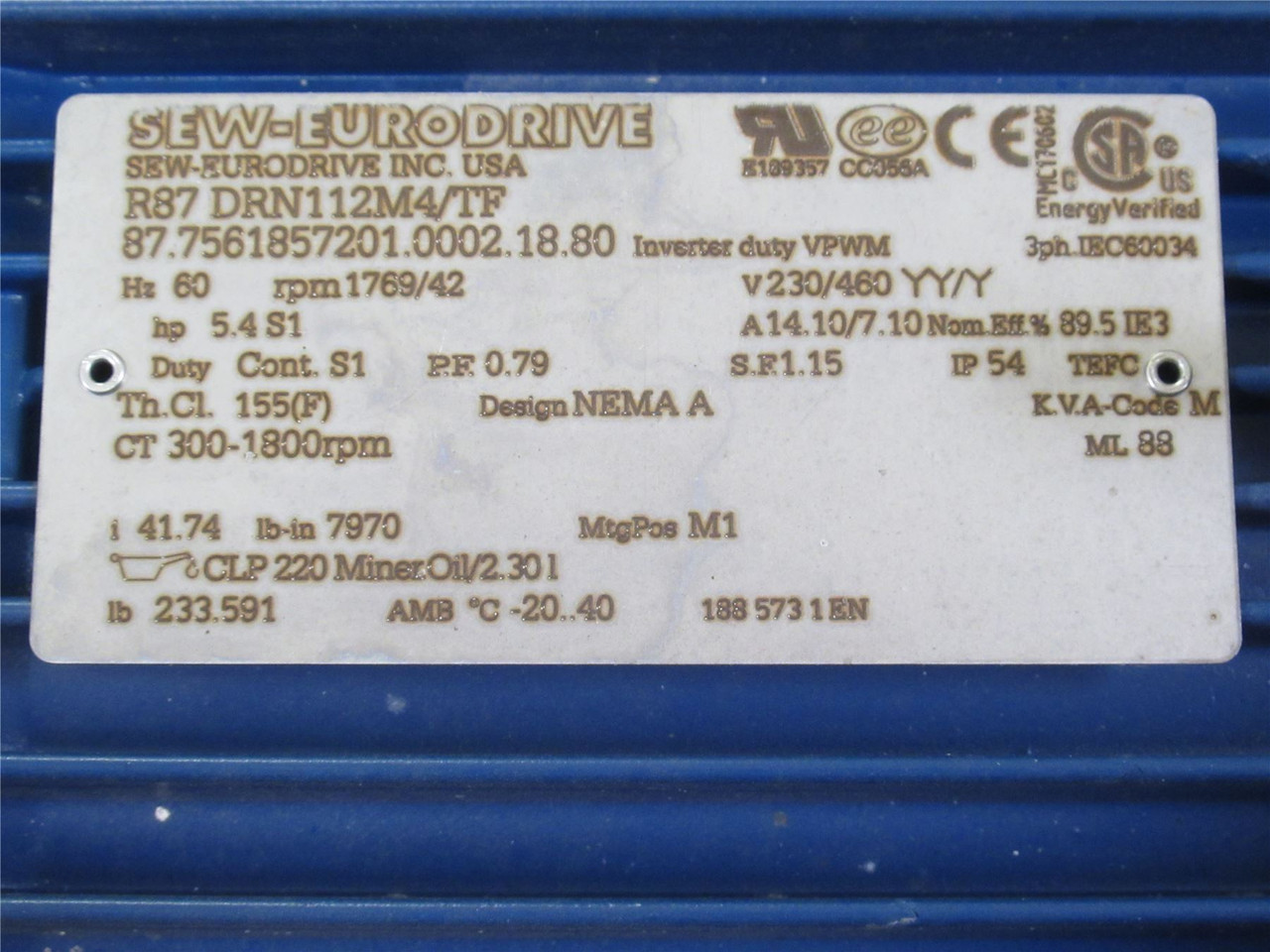 SEW R87DRN112M4/TF; AC Gearmotor 41.74:1 Ratio 5.4HP; 230/460V