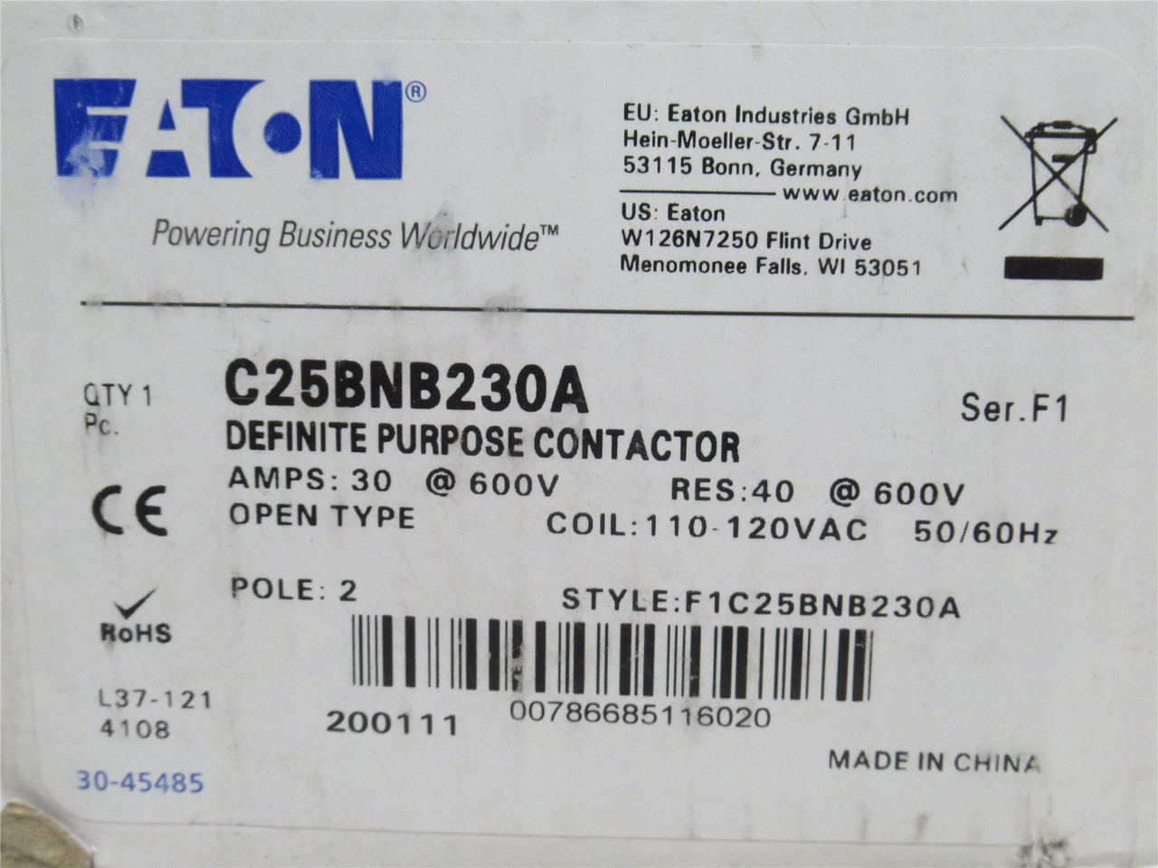 Eaton C25BNB230A; Contactor 30A; 2P; 600VAC; Coil: 110/120VAC Eaton C25BNB230A; Contactor 30A; 2P; 600VAC; Coil: 110/120VAC