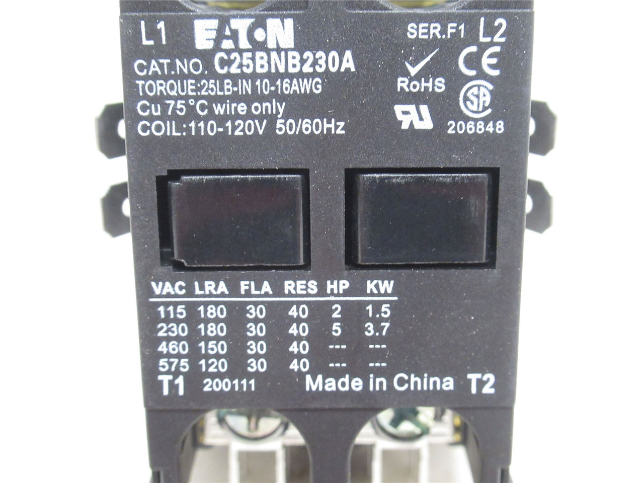 Eaton C25BNB230A; Contactor 30A; 2P; 600VAC; Coil: 110/120VAC Eaton C25BNB230A; Contactor 30A; 2P; 600VAC; Coil: 110/120VAC
