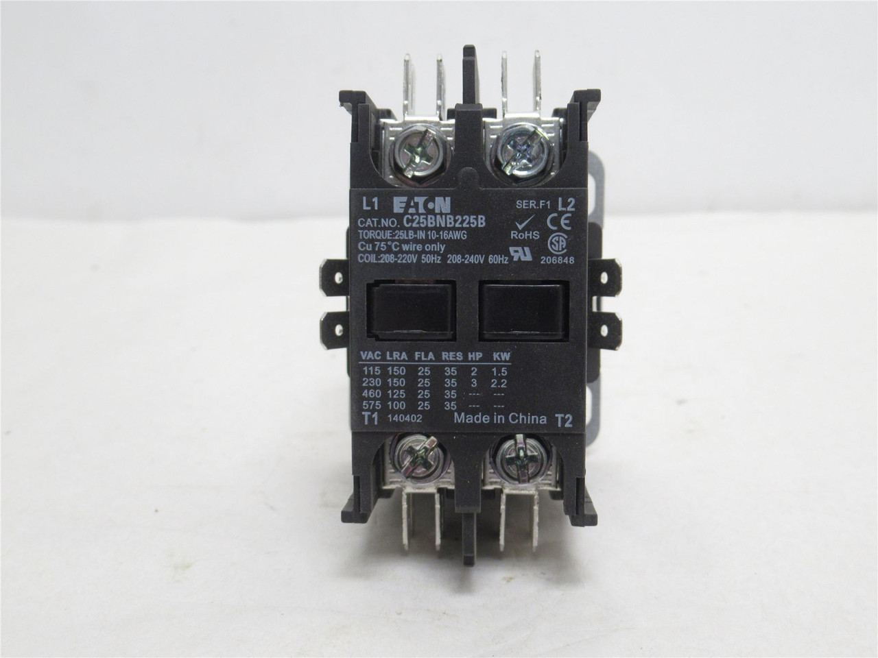 Eaton C25BNB225B; Contactor 25A; 2P; 600VAC; Coil: 208-220VAC Eaton C25BNB225B; Contactor 25A; 2P; 600VAC; Coil: 208-220VAC