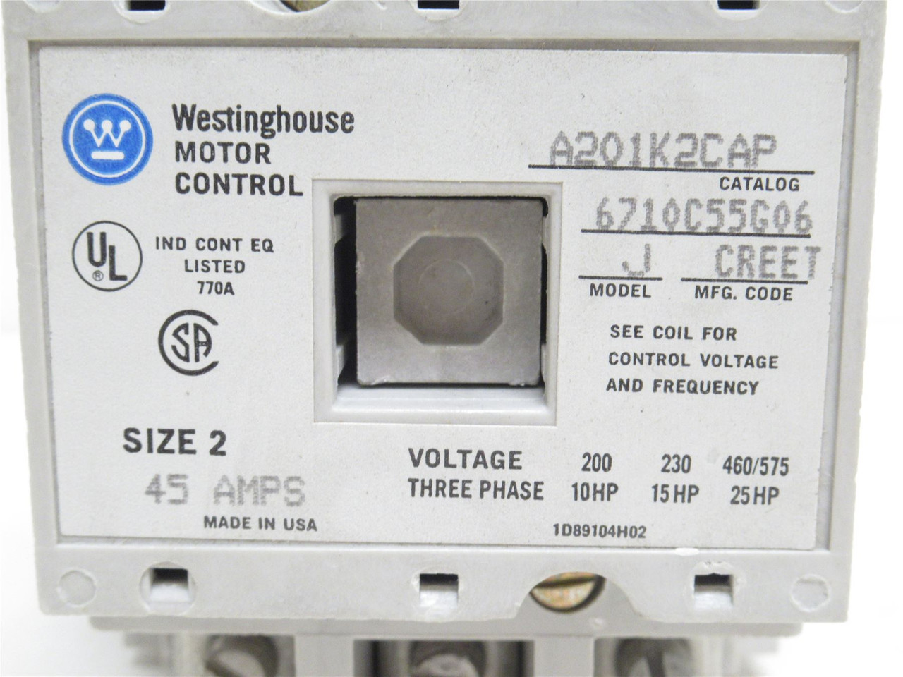 Westinghouse A201K2CAP; Contactor 45A 3P 575VAC; Coil 110/120V Westinghouse A201K2CAP; Contactor 45A 3P 575VAC; Coil 110/120V