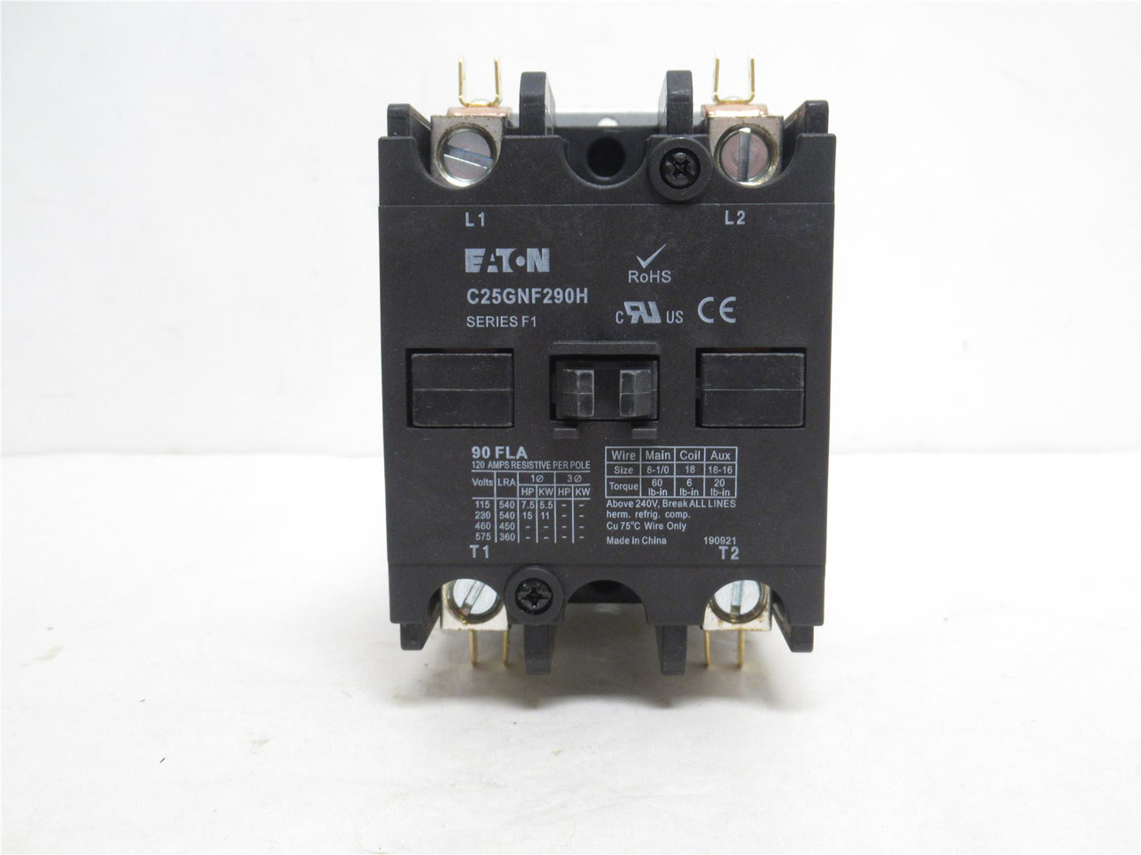 Eaton C25GNF290H; Contactor; 90A; 2P; 600VAC; Coil: 277VAC Eaton C25GNF290H; Contactor; 90A; 2P; 600VAC; Coil: 277VAC