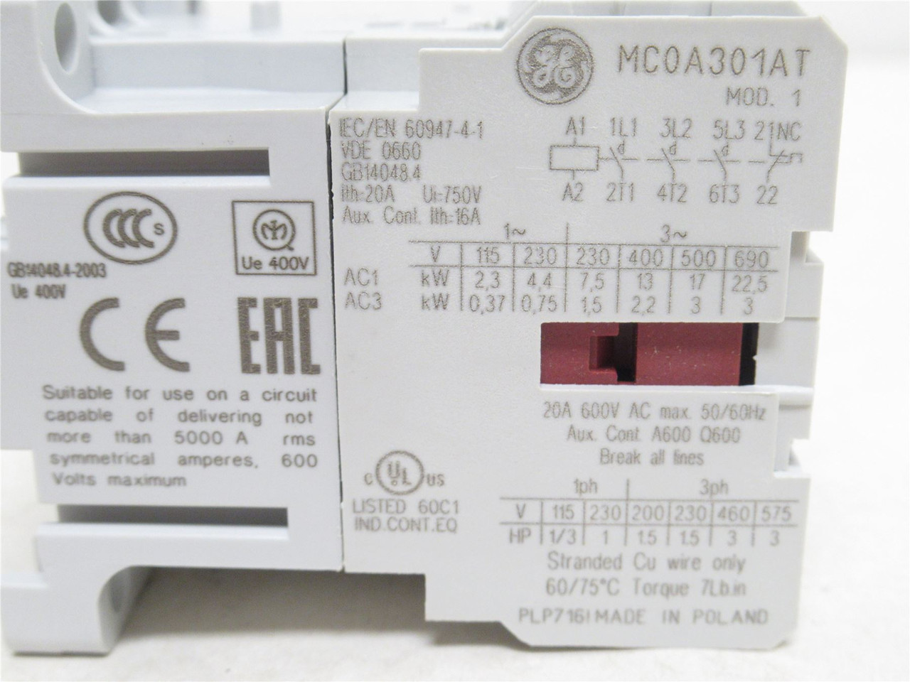 GE MC0A301ATJ; Contactor; 6A; 3P; 600VAC; Coil: 110/120VAC GE MC0A301ATJ; Contactor; 6A; 3P; 600VAC; Coil: 110/120VAC