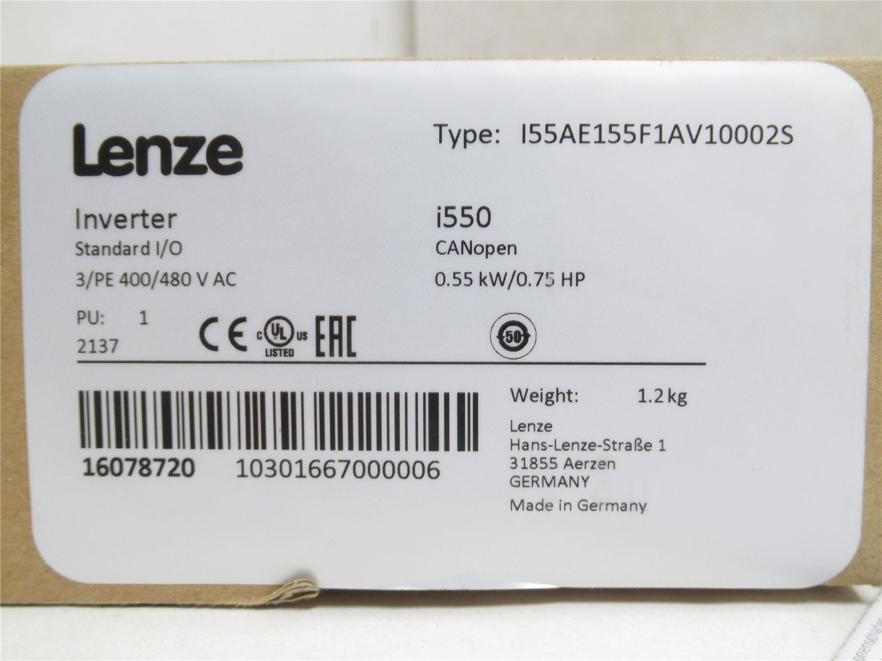 Lenze I55AE155F1AV10002S; Inverter Drive; 400/480VAC; 3/4HP