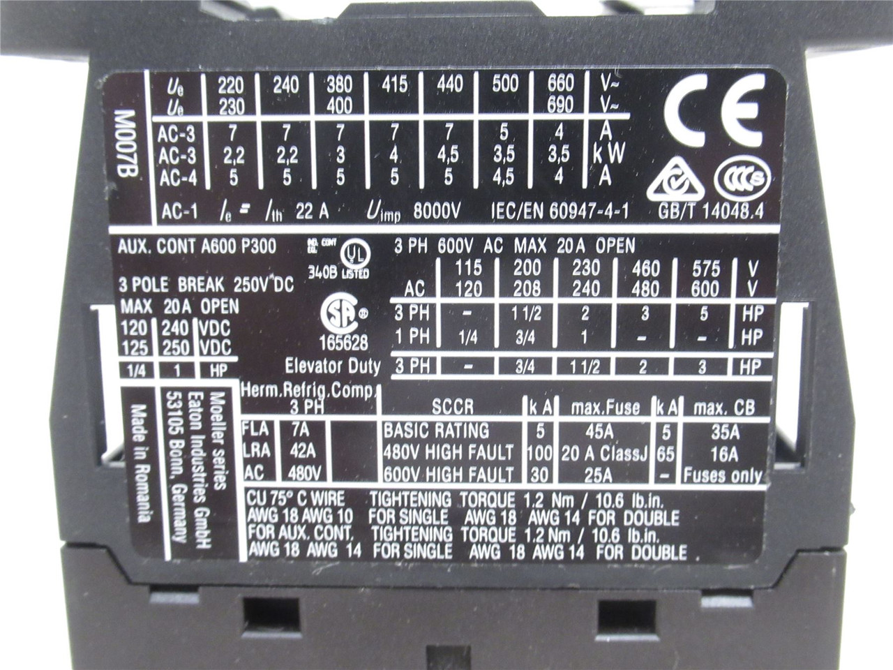 Eaton XTCE007B10A; Contactor 20A; 3P; 600VAC; Coil 110/120VAC Eaton XTCE007B10A; Contactor 20A; 3P; 600VAC; Coil 110/120VAC