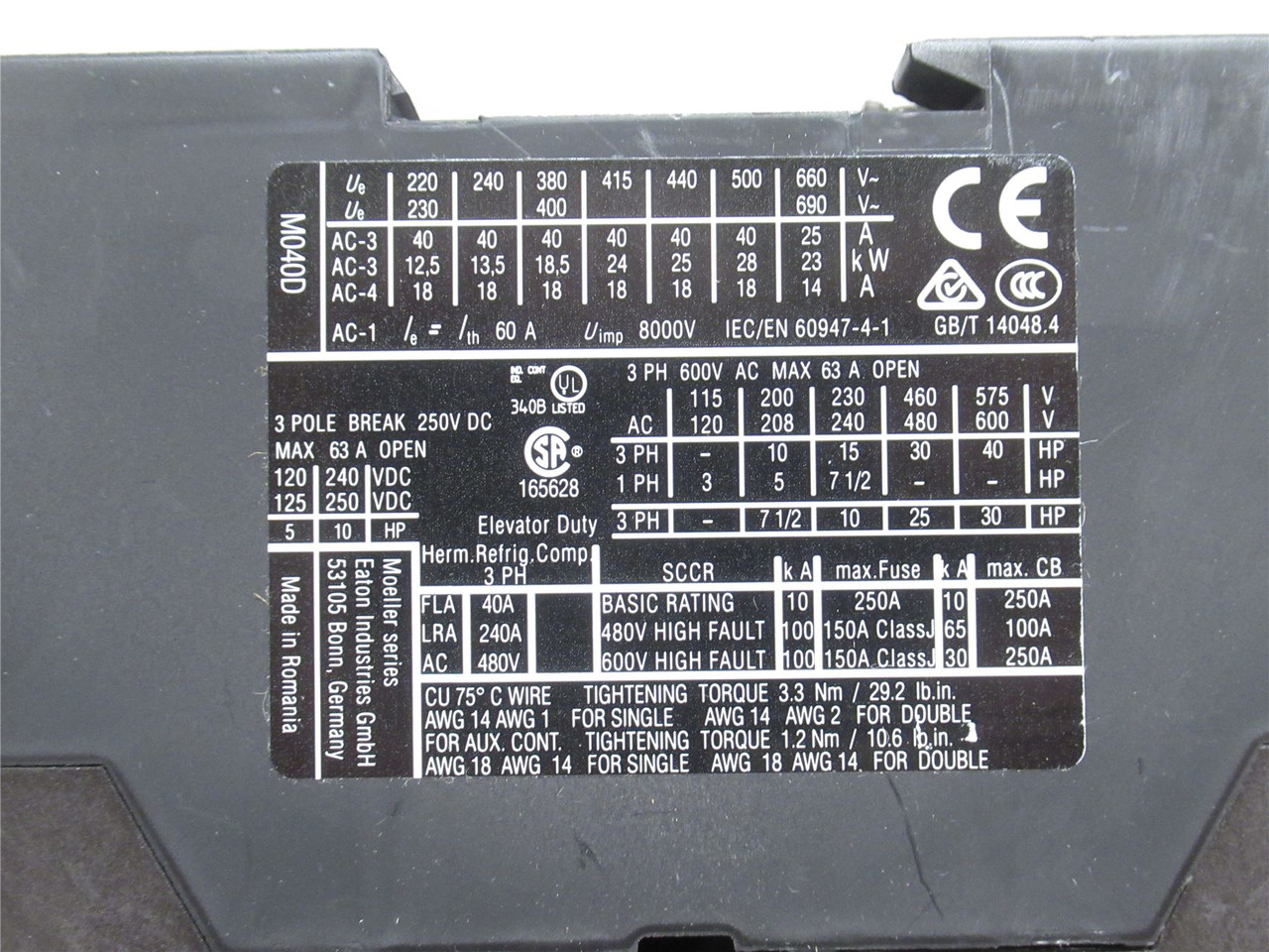 Eaton XTCE040D00B; Contactor; 40A; 3P; 600VAC; Coil: 240VAC Eaton XTCE040D00B; Contactor; 40A; 3P; 600VAC; Coil: 240VAC