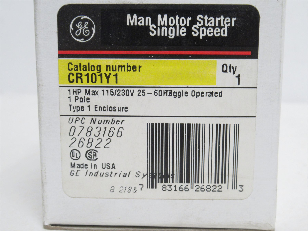 GE CR101Y1; Manual Starter Toggle Switch 1PH; 16A; 115/230VAC