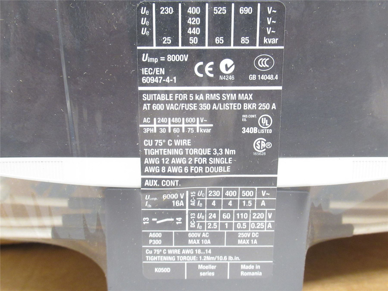Eaton XTCC050D10F; IEC Capacitor Contactor 50A; 3P; 600VAC Eaton XTCC050D10F; IEC Capacitor Contactor 50A; 3P; 600VAC