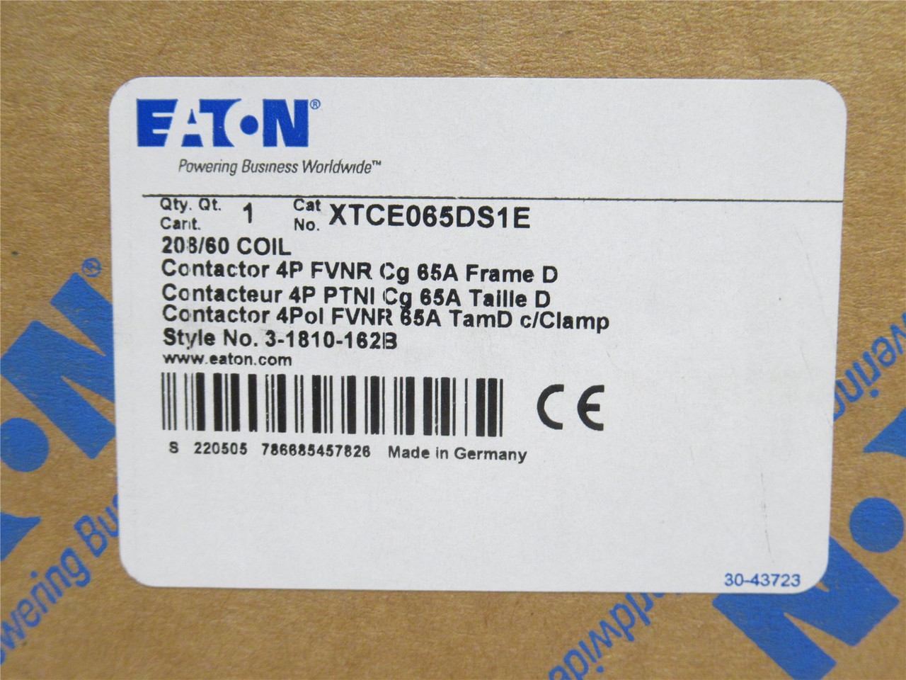 Eaton XTCE065DS1E; Contactor; 65A; 600VAC; 4P; Coil: 208V Eaton XTCE065DS1E; Contactor; 65A; 600VAC; 4P; Coil: 208V
