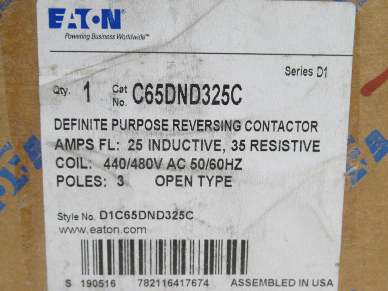 Eaton C65DND325C; Reversing Contactor 25A 3P 600VAC Coil 480V Eaton C65DND325C; Reversing Contactor 25A 3P 600VAC Coil 480V