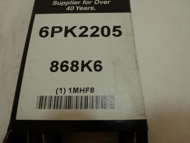 Bando 6PK2205; Serpentine Belt 868K6; 6-ribs 86.8"L; 1MHF8