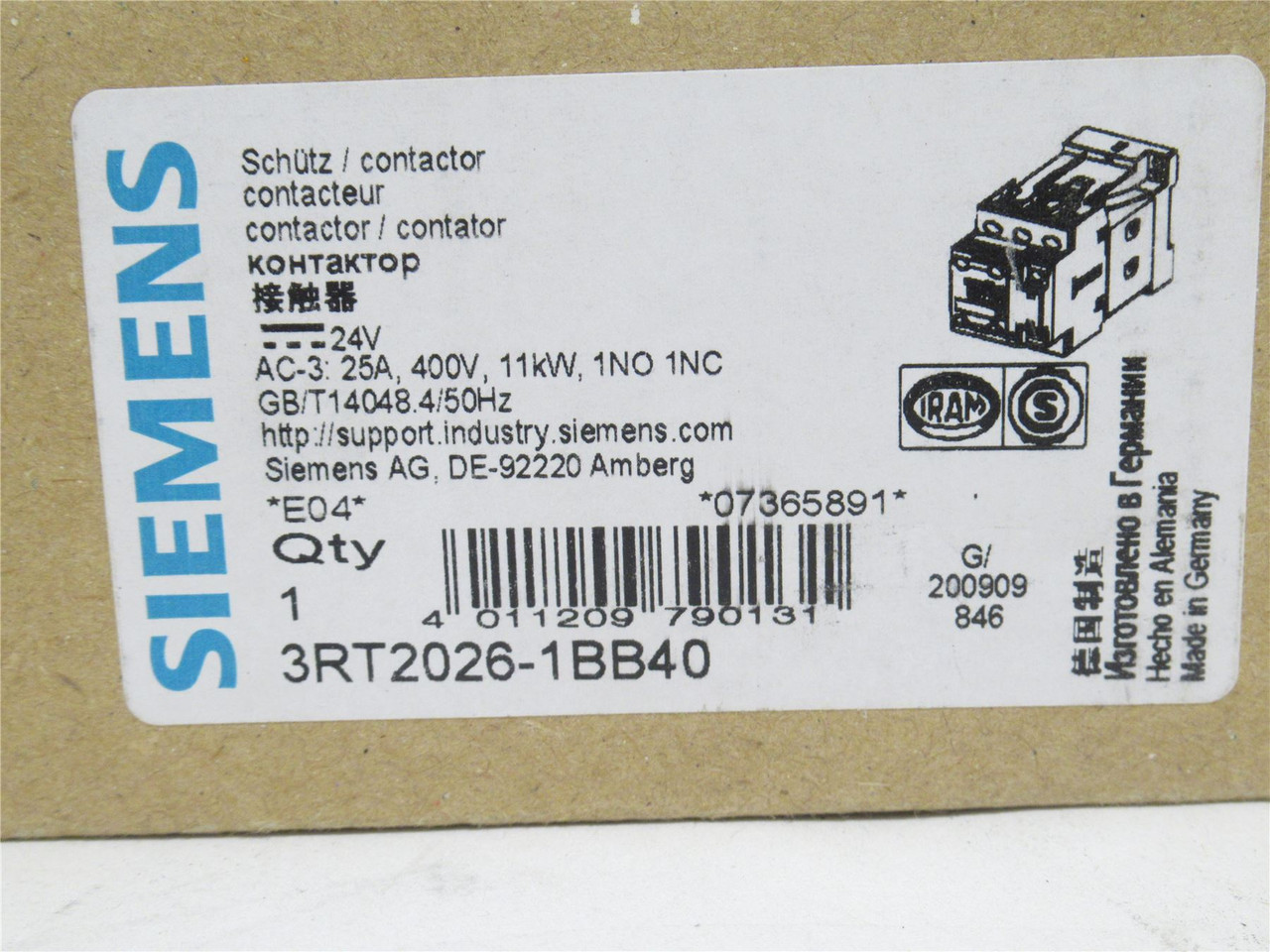 Siemens 3RT2026-1BB40; Contactor; 25A; 3P; 400V; Coil: 24V Siemens 3RT2026-1BB40; Contactor; 25A; 3P; 400V; Coil: 24V