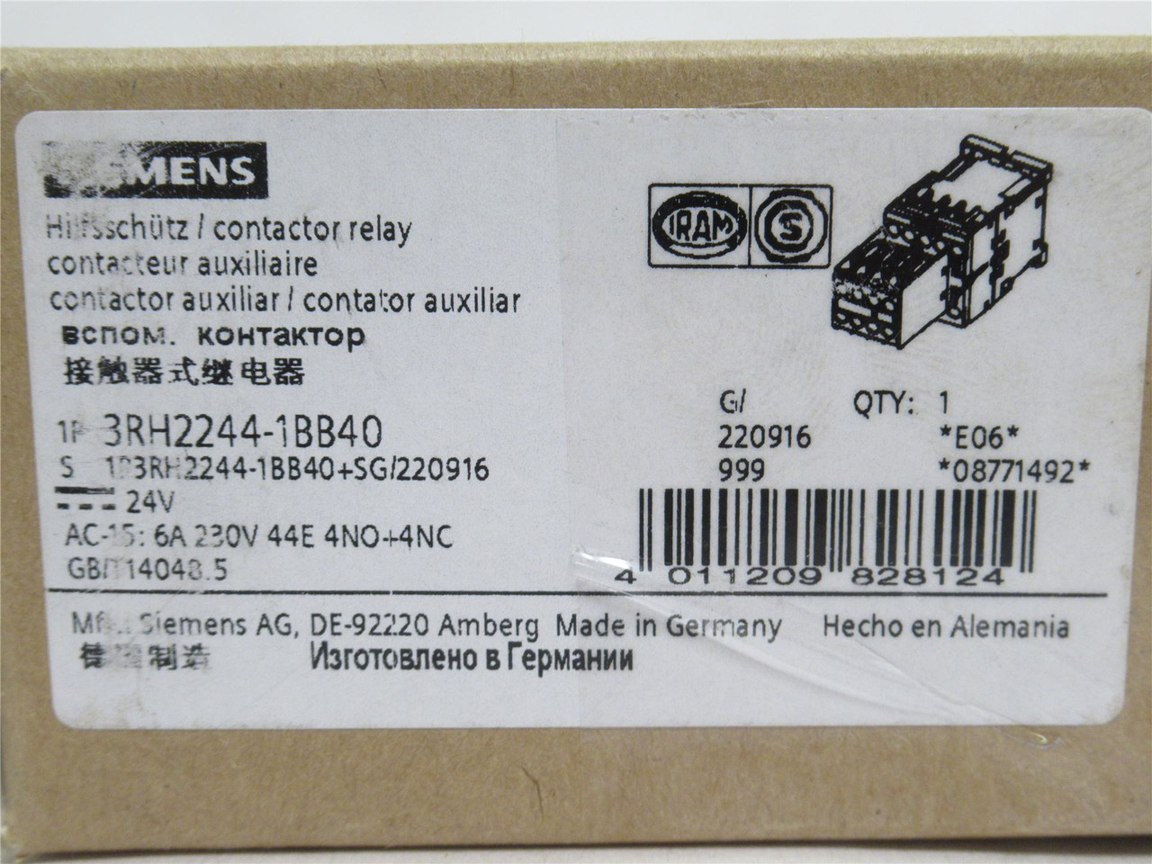 Siemens 3RH2244-1BB40; Contactor; 6A; 24VAC; Coil: 24VDC; 8P
