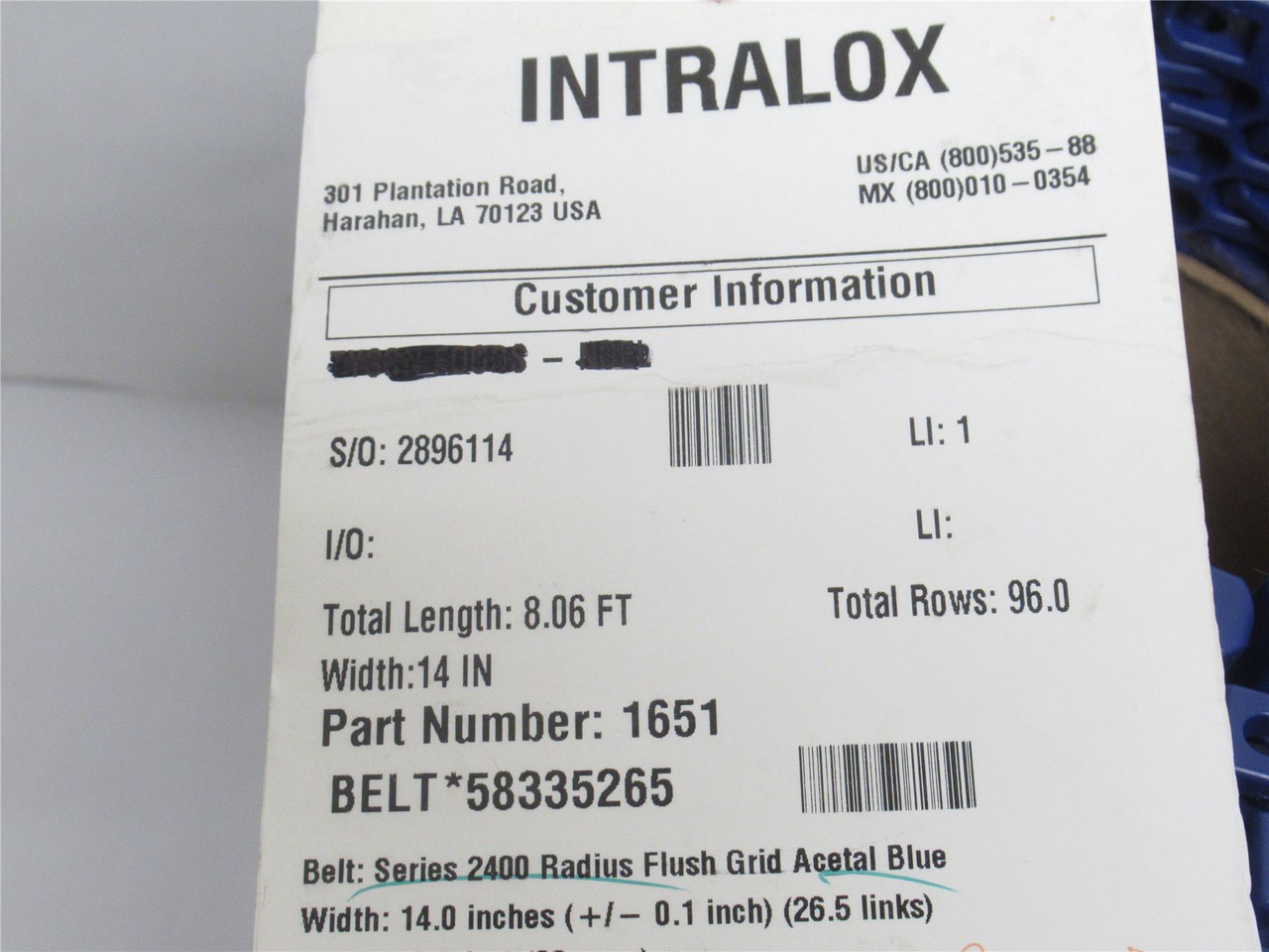 Intralox 58335265; Conveyor Belt Ser: 2400 14" Wide x 8' Long