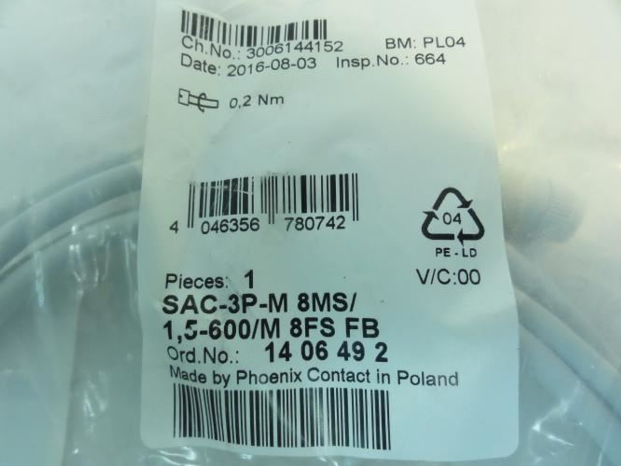 Phoenix Contact 1406492; Sensor Cable; 4A; 48VAC; 60VDC