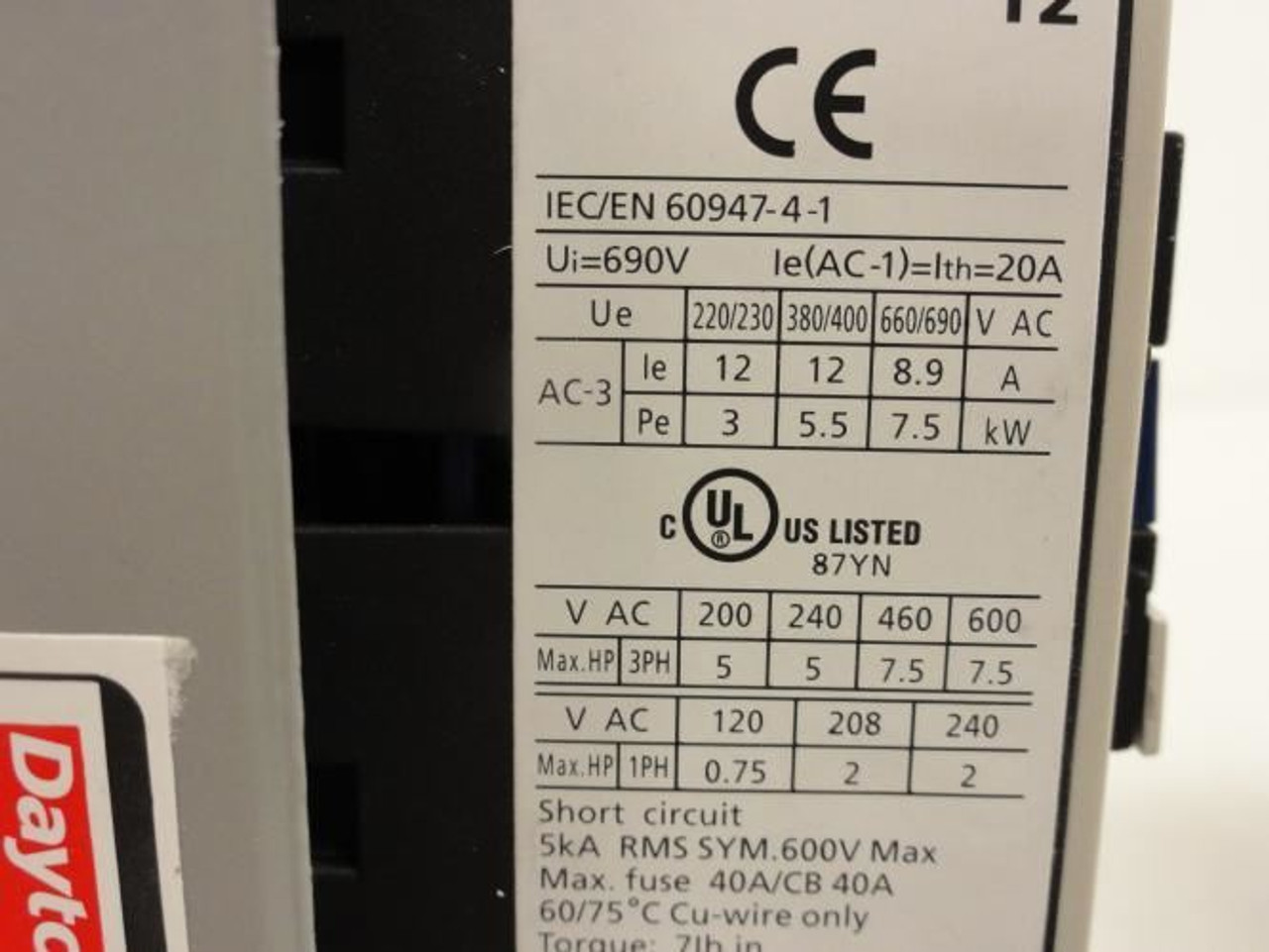 Dayton 2UXV4; Starter 12A 3Pole 600Vmax Coil:24VAC Dayton 2UXV4; Starter 12A 3Pole 600Vmax Coil:24VAC