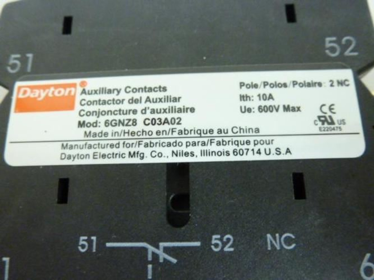 Dayton 6GNZ8; Auxiliary Contact; Definite Purpose; 2NC Dayton 6GNZ8; Auxiliary Contact; Definite Purpose; 2NC