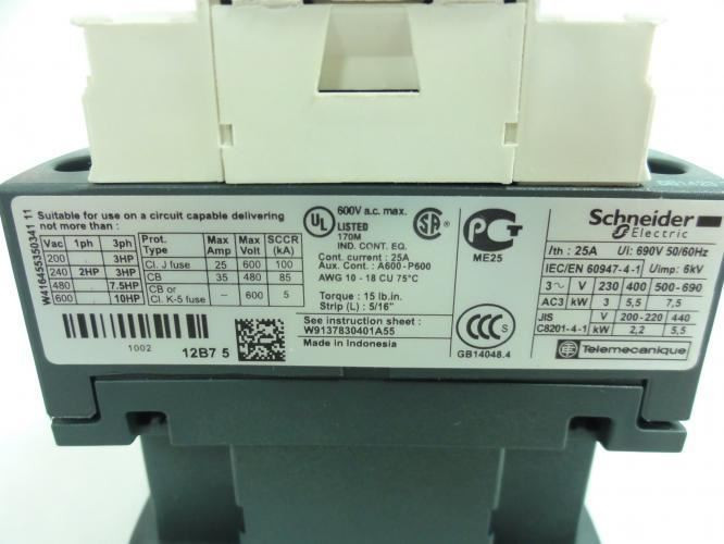 Schneider LC1D12B7; Contactor 12A 3P 440VAC Coil: 24VAC