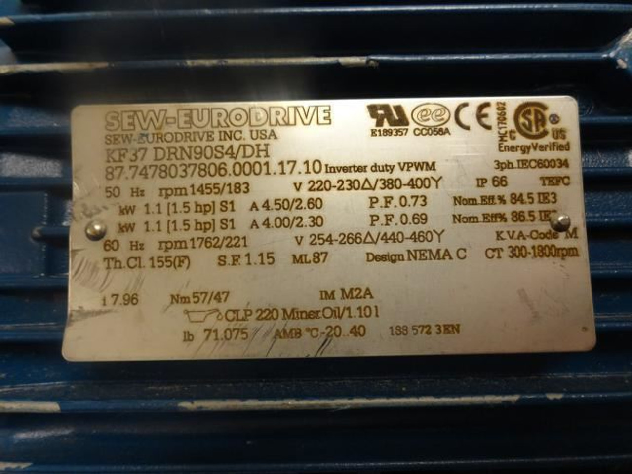 SEW KF37 DRN90S4/DH; Gearmotor 1.1Kw; 380-400V; 1762/221Rpm; 3Ph