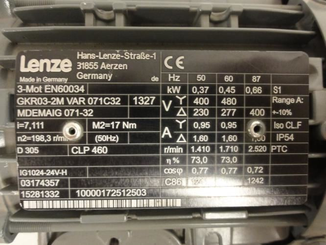 Lenze GKR03-2M--VAR-071C32; Motor Gearbox; 480V;  0.95A; 60Hz