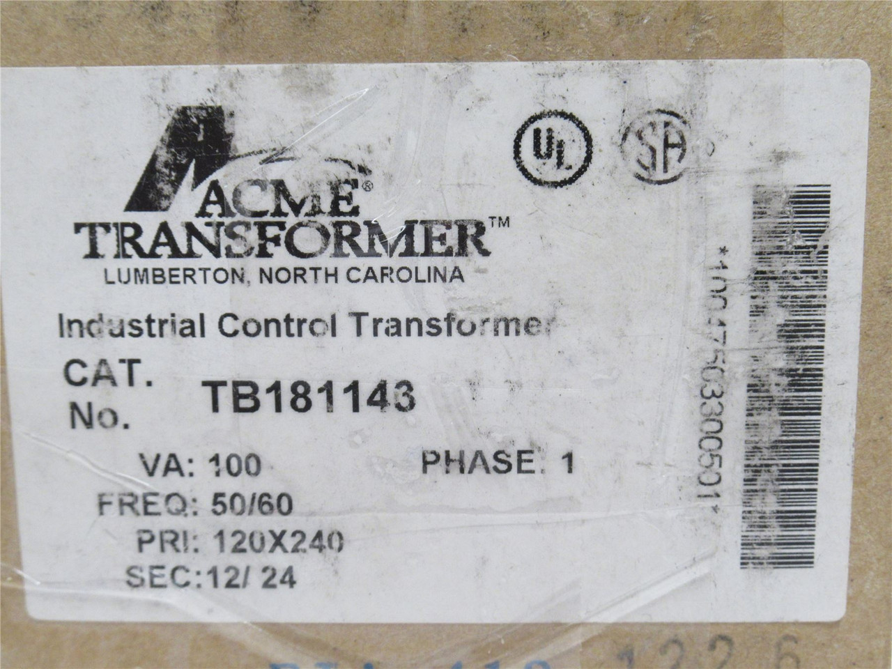 Acme TB181143; Control Transformer 100vA; 120x240VAC Primary