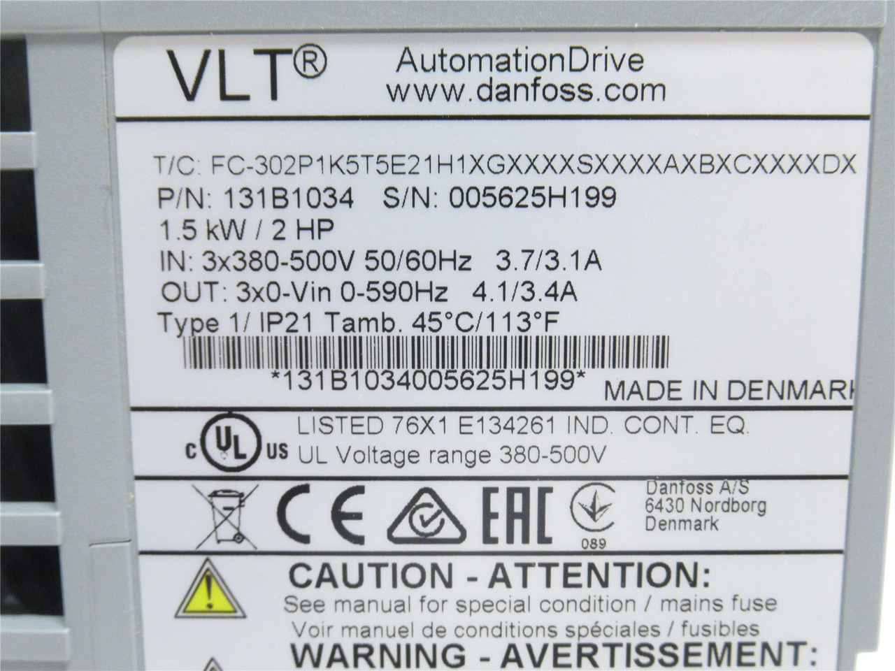 Danfoss 131B1034; AC Drive; 2HP; 380-500VAC; 3-PH