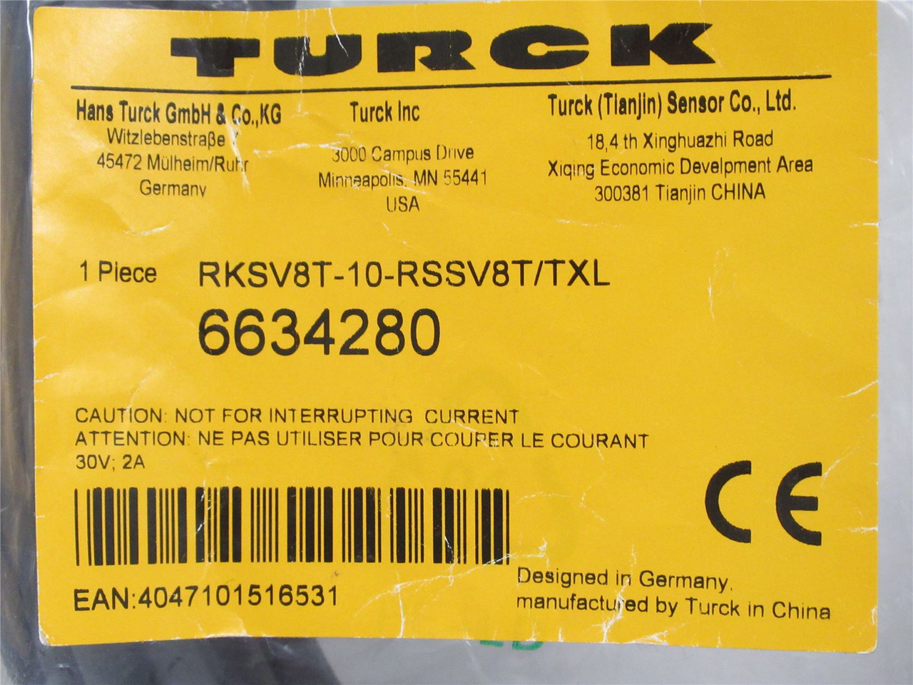 Turck RKSV8T-10-RSSV8T/TXL; Actuator and Sensor Cable; 30V