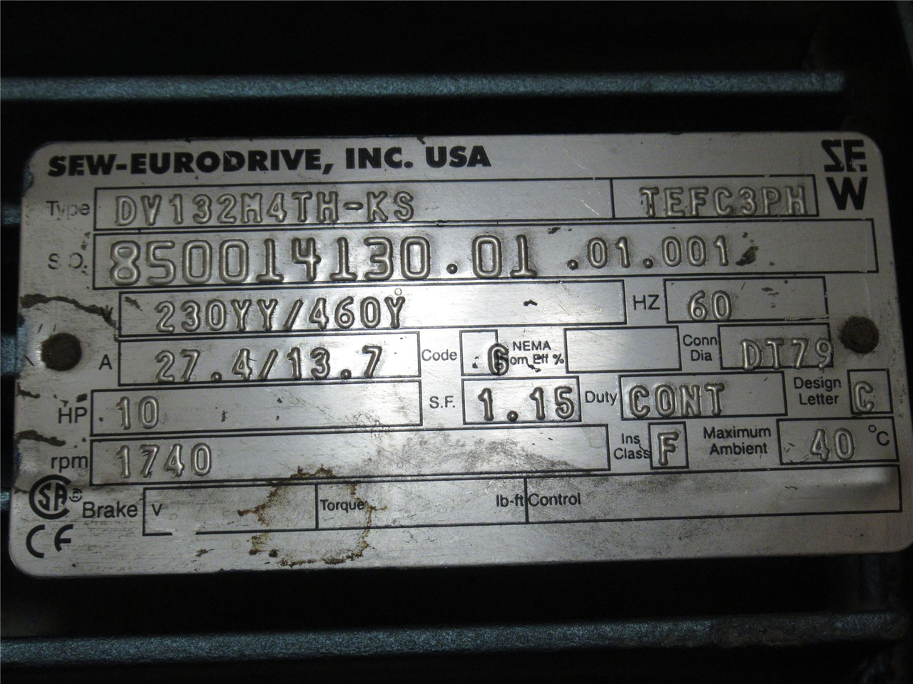 SEW DV132M4TH-KS; AC Motor; 10HP; 230/460V; 1750RPM; 3PH; 60Hz