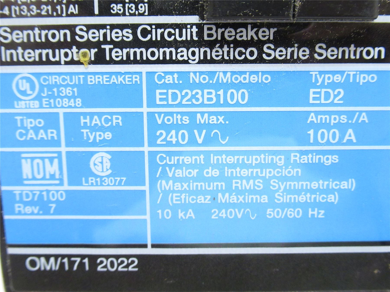 Siemens ED23B100; Circuit Breaker; 100A; 3 Pole; 240VAC