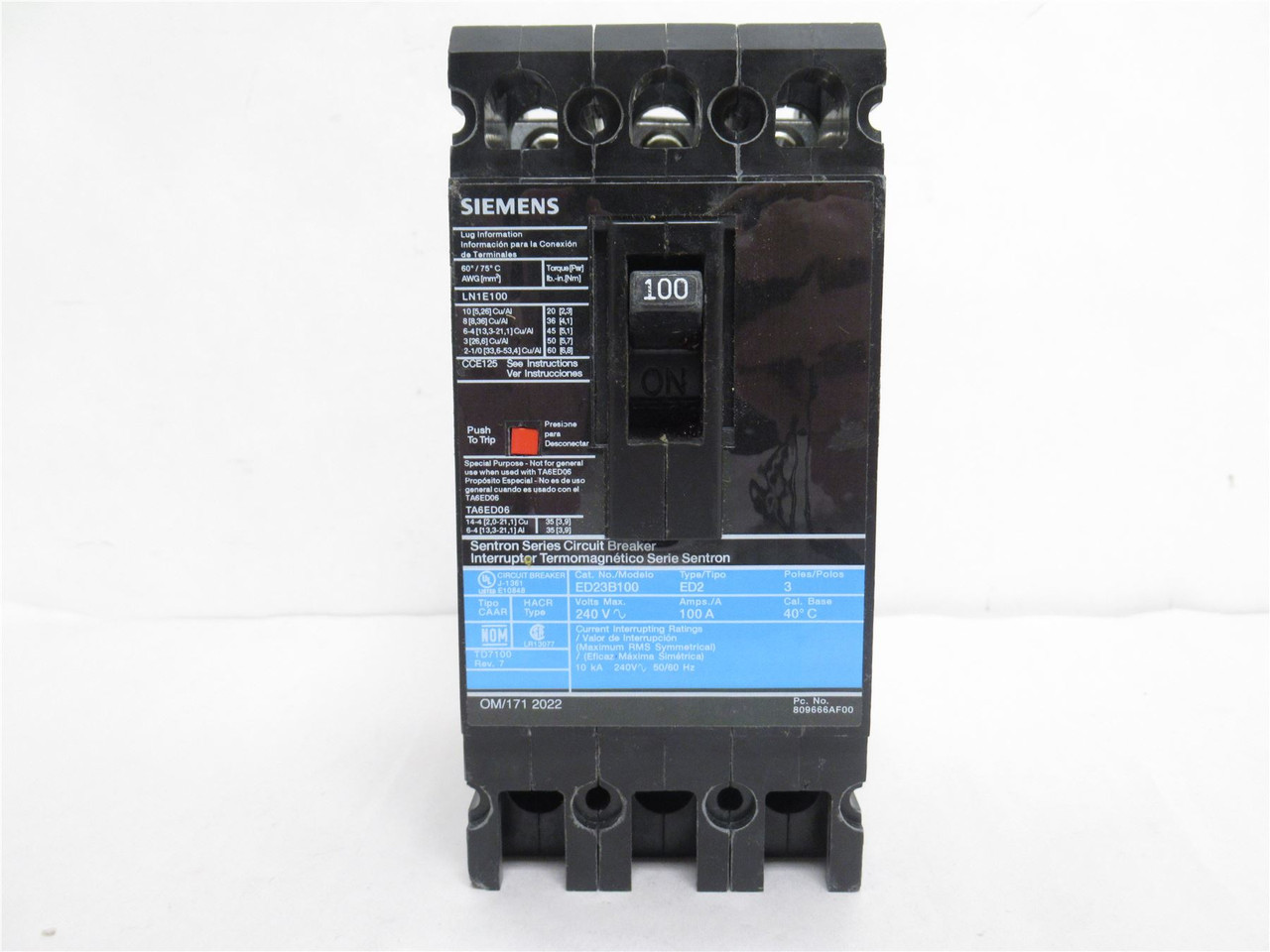 Siemens ED23B100; Circuit Breaker; 100A; 3 Pole; 240VAC