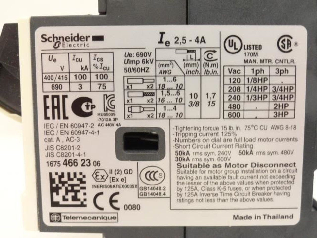 Schneider GV2 ME08; Motor Protector 2.5-4A; 3P; 500V