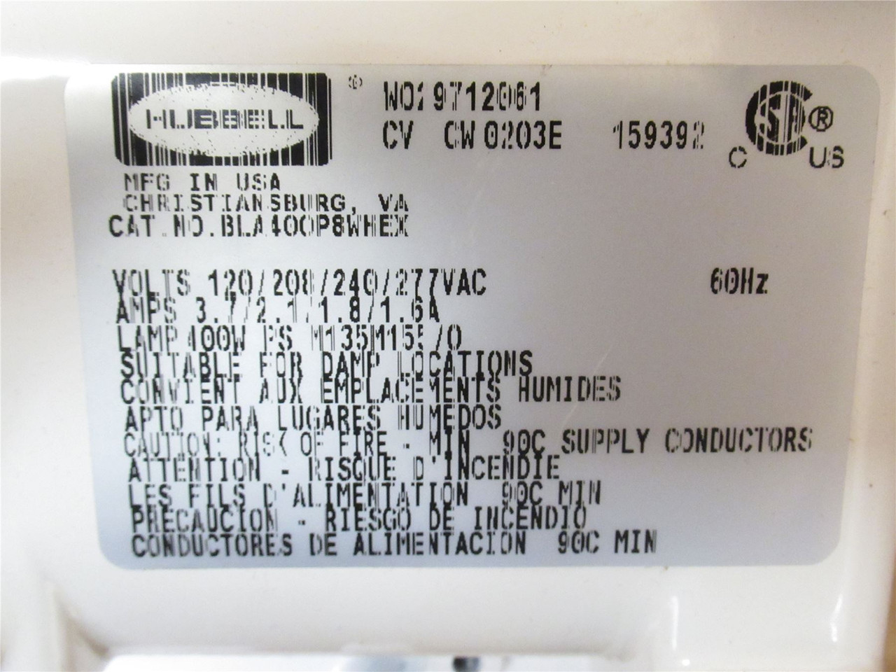 Hubbell BLA-400P8-WH-EX; Superbay Ballast Housing 120-277VAC