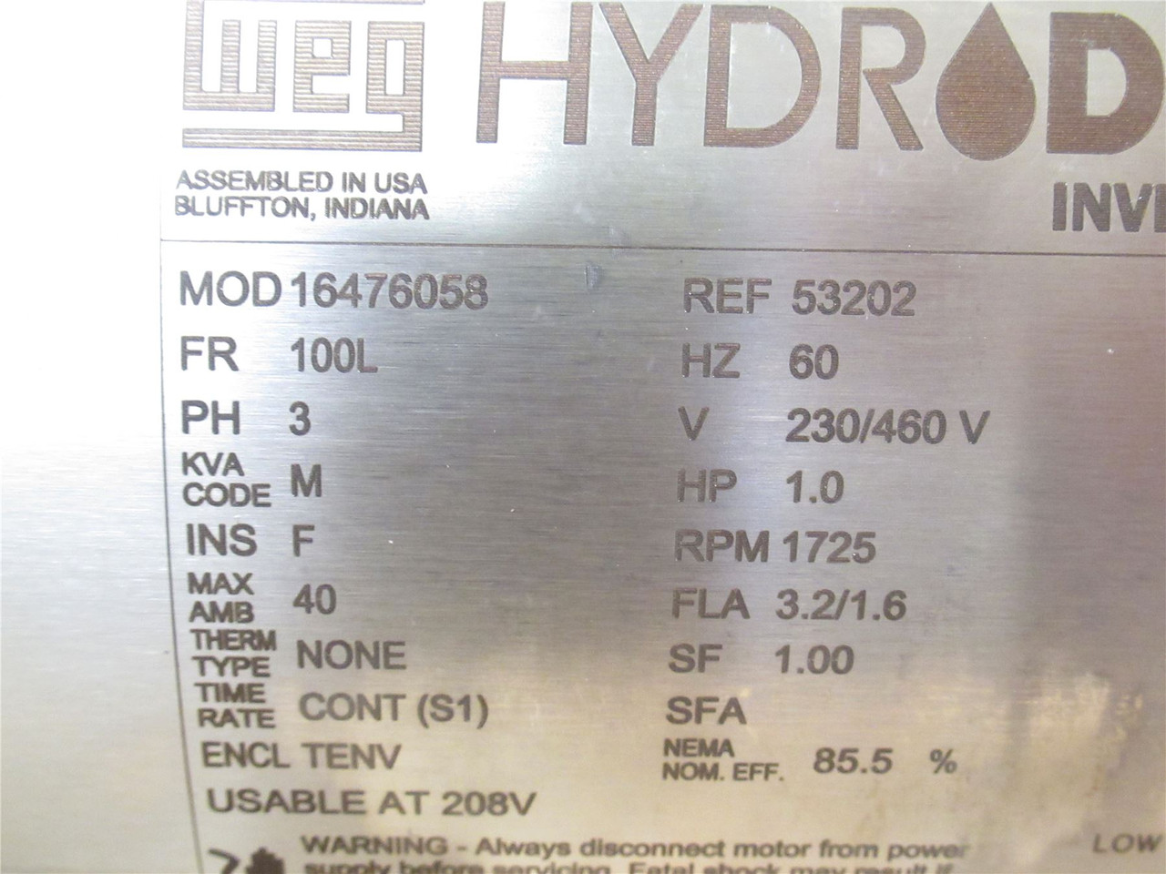 WEG 16476058; Washdown Motor SS; 1HP; 230/460V; 1725RPM; 3PH