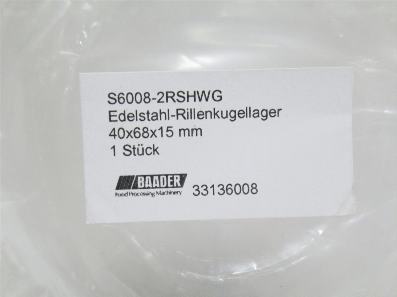 Baader S6008-2RSHWG; Food Grade Ball Bearing 40mmID x 68mmOD