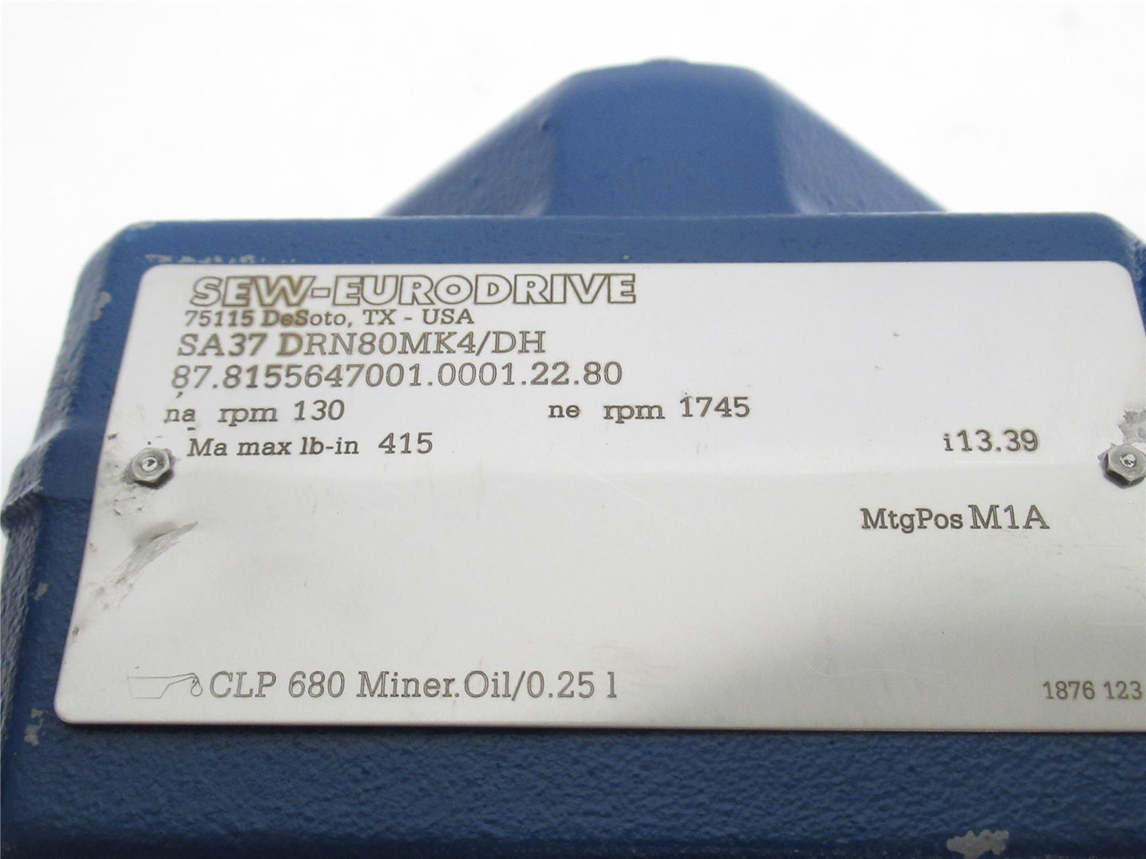 SEW SA37DRN80MK4/DH; AC Gearmotor 13:1 Ratio; 3/4HP; 230/460V