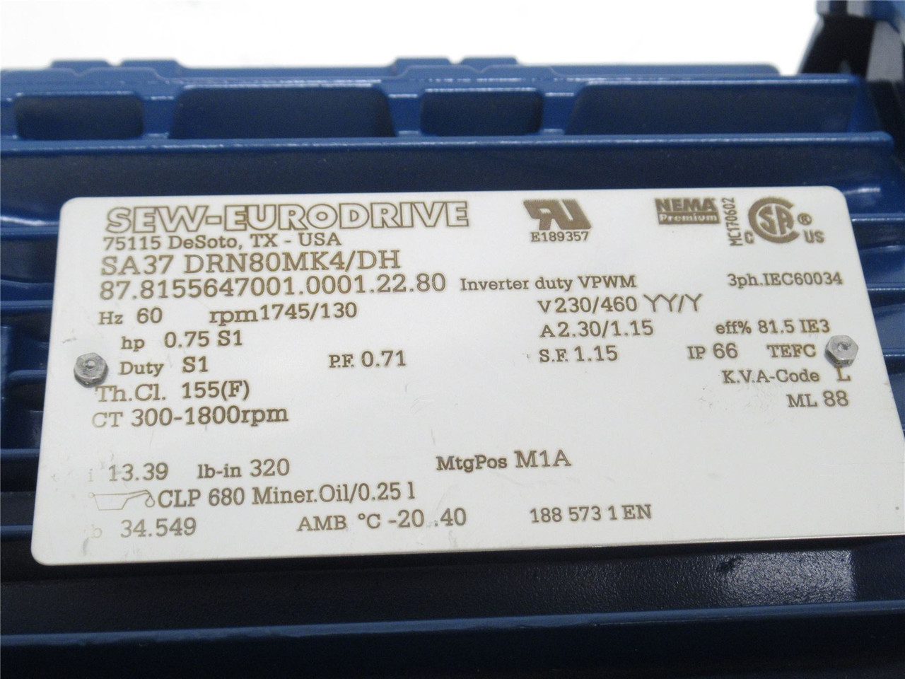 SEW SA37DRN80MK4/DH; AC Gearmotor 13:1 Ratio; 3/4HP; 230/460V