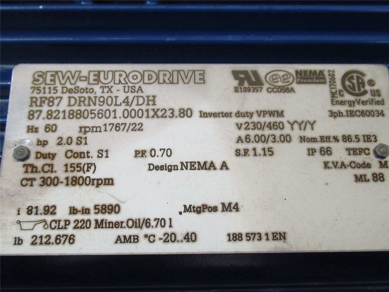 SEW RF87 DRN90L4/DH; AC Gearmotor; 82:1 Ratio; 2HP; 230/460V