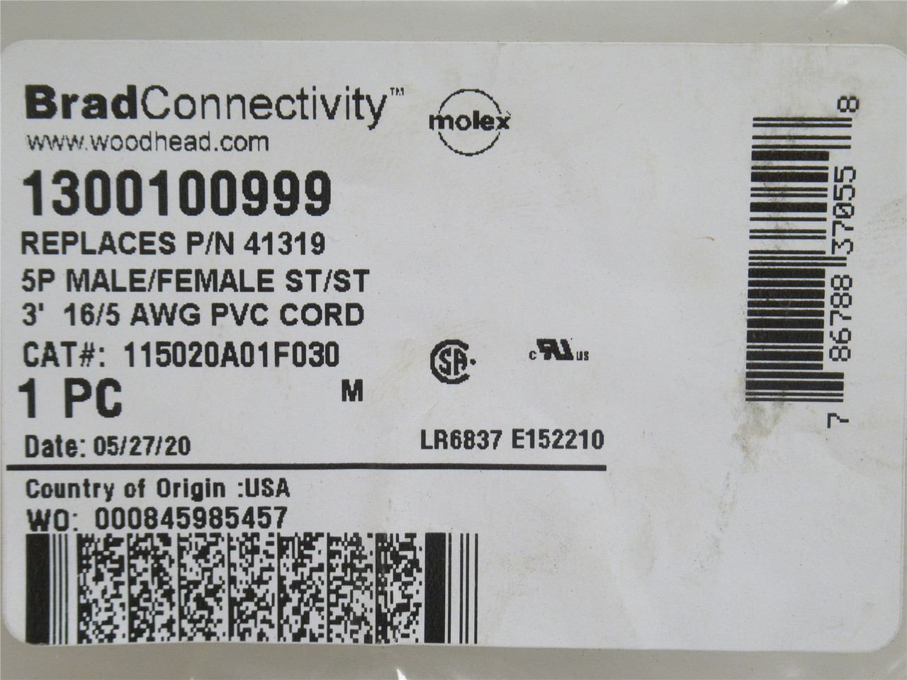 Woodhead 1300100999; Double-Ended Cord-Set; 5P; 3' Long