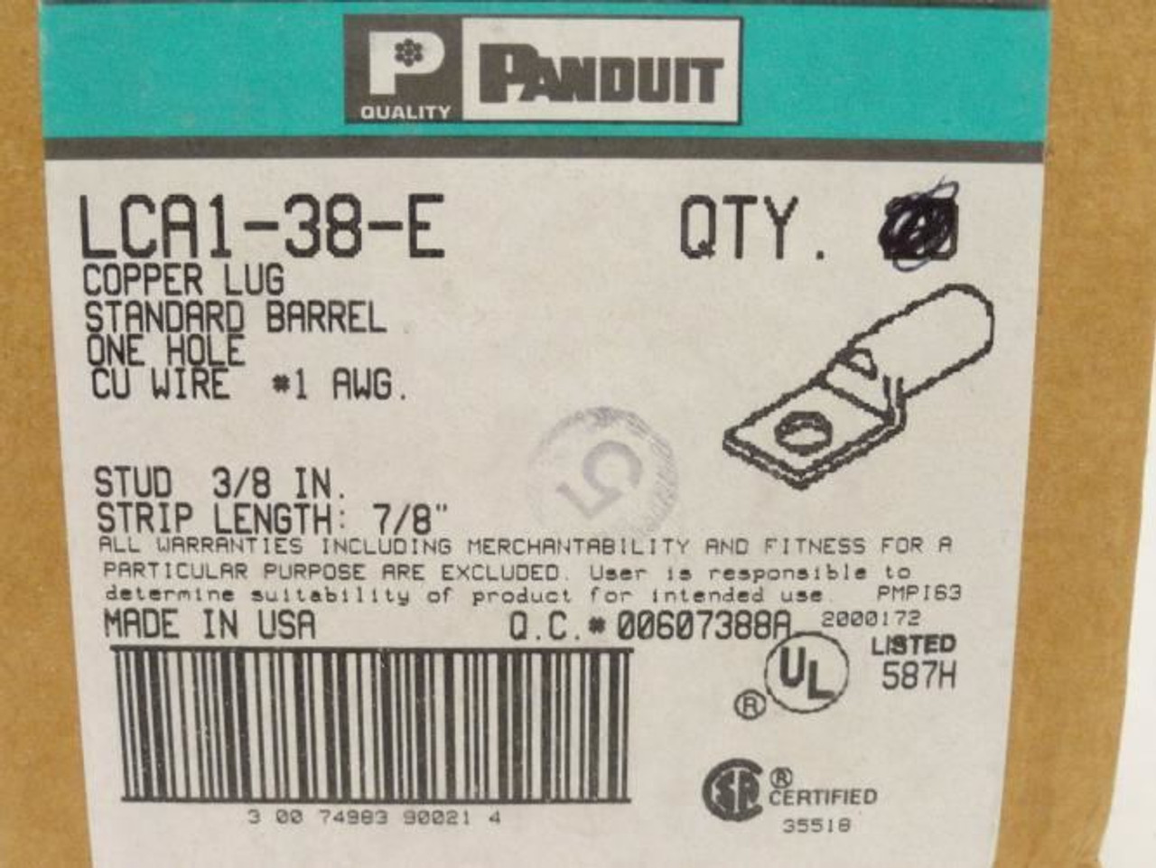 Panduit LCA1-38-E; Copper Compression Lug # 1AWG; 3/8" Bolt