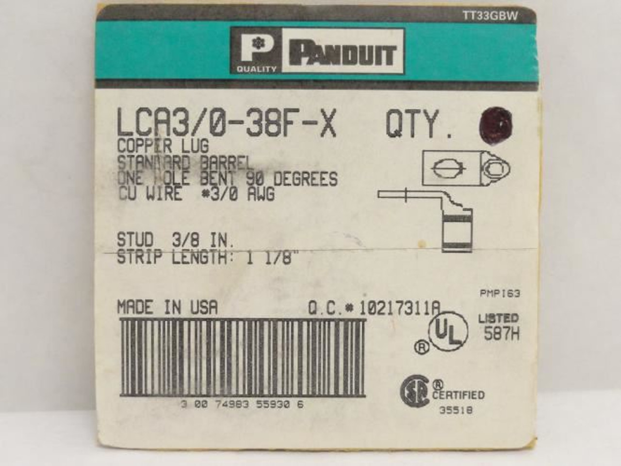 Panduit LCA3/0-38F-X; Copper Compression Lug; # 3/0 AWG; 90 Deg
