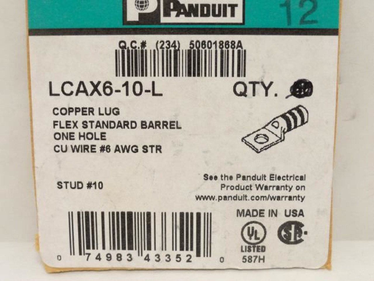 Panduit LCAX6-10-L; Lot-2 Copper Compression Lugs; # 6 AWG
