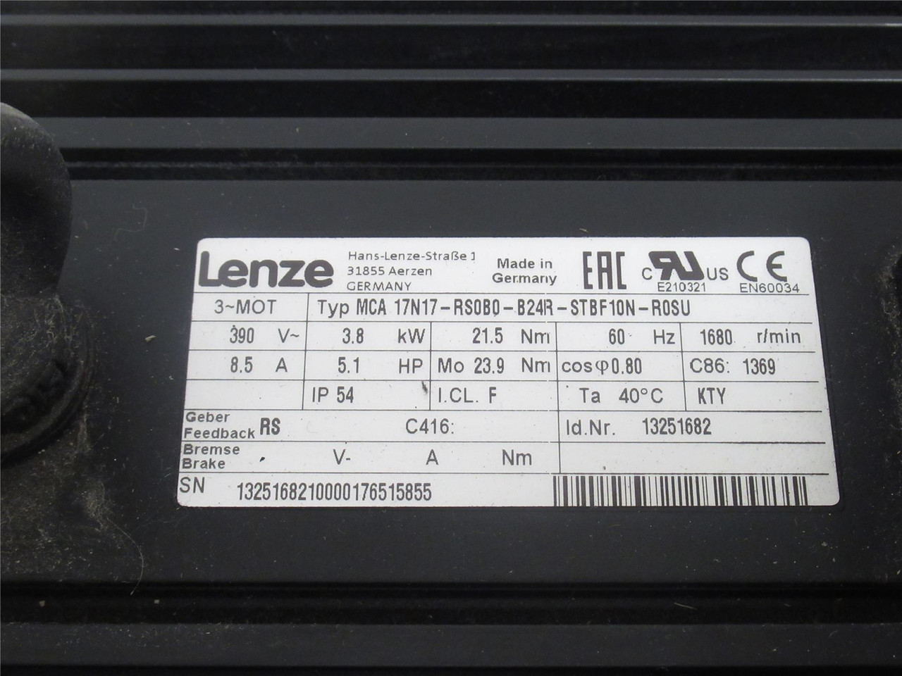 Lenze MCA 17N17-RSOBO-B24R-STBF10N-ROSU; Servo Motor; 5.1HP