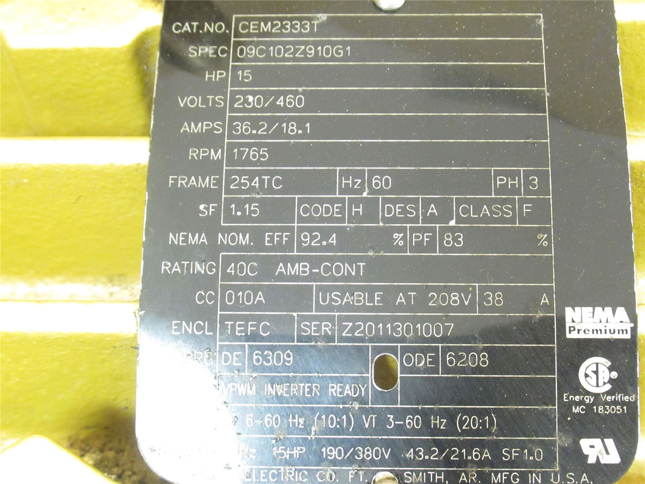 Baldor CEM2333T; AC Motor; 15HP; 230/460V; 1765RPM; 3 Phase